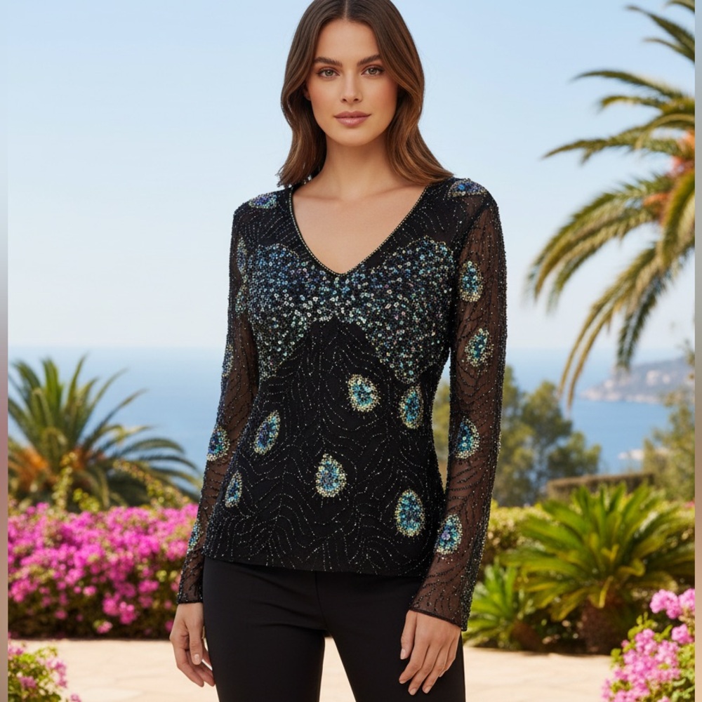 Black Attitudes by Debra hand beaded Sequin Peacock Pattern Top‎
